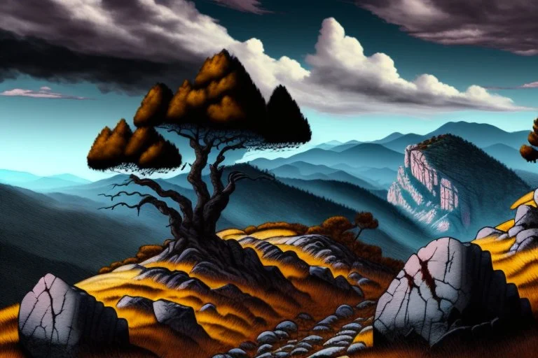 mountains, a gloomy rocky landscape, cypresses stretching up in the foreground, rocks and a bloody sky in the background