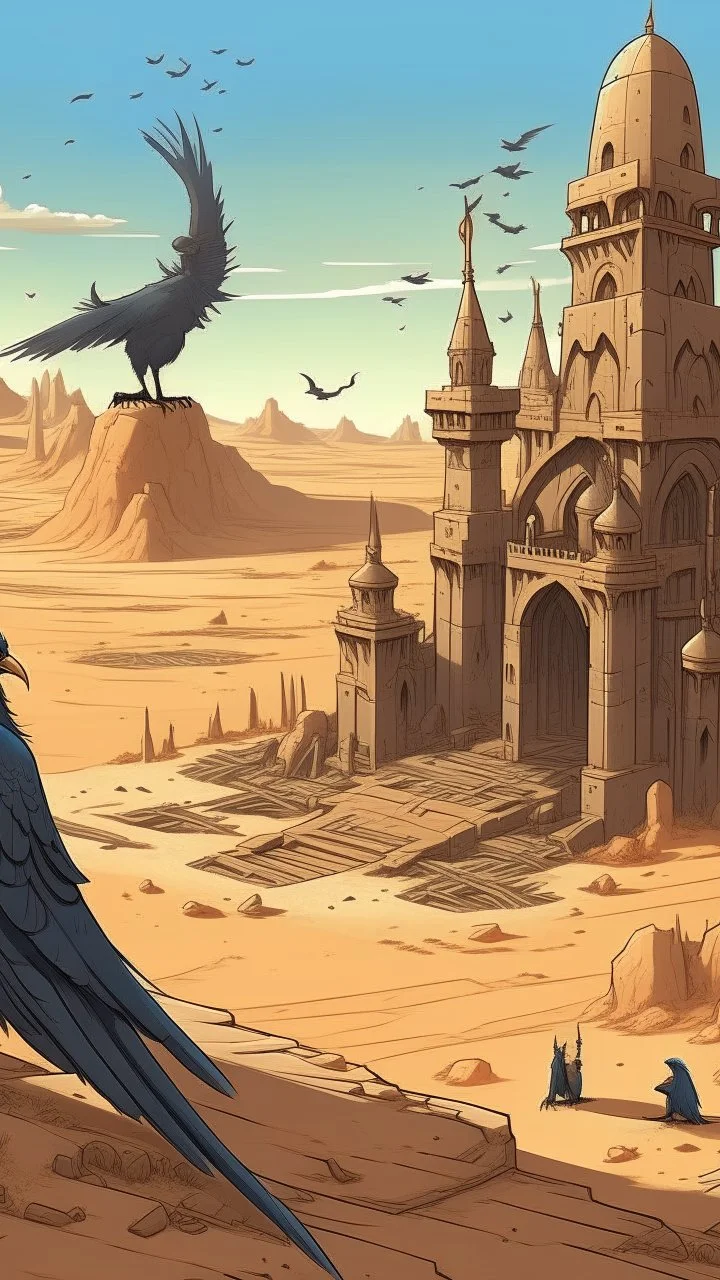 Desert gate in front a big and wild bird of the forgotten desert in medieval times, in anime style Bosch nightmares