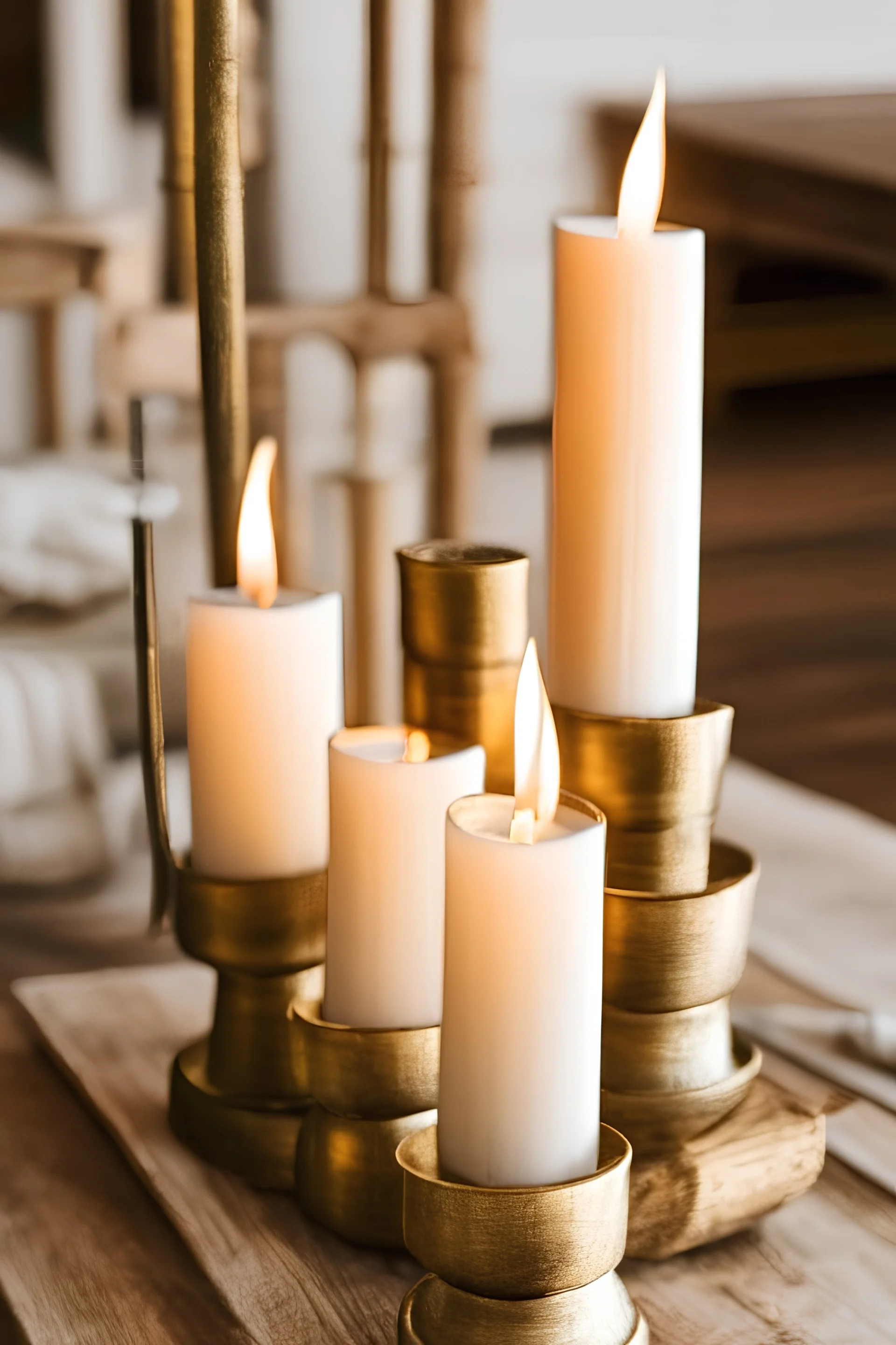 detail image of brass candle holders with white candles on a wooden table. modern farmhouse with rustic feeling