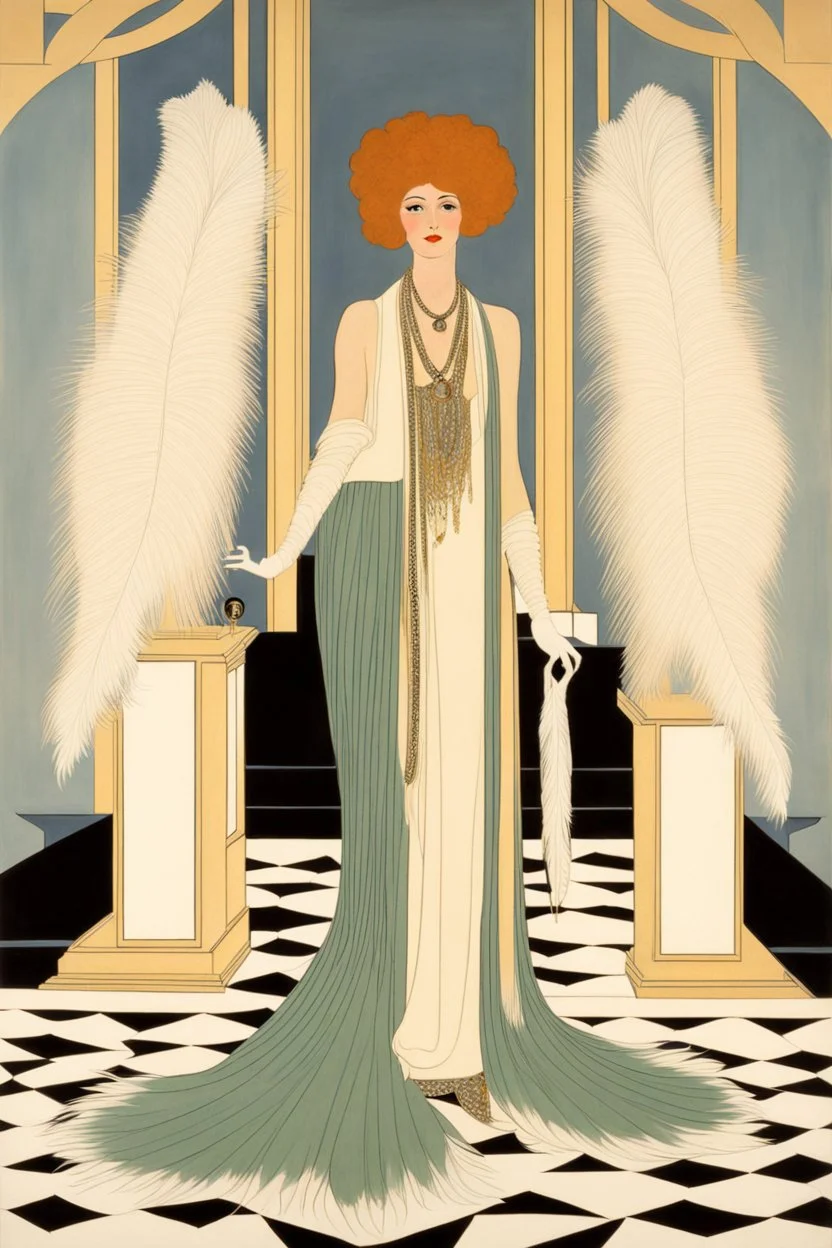 a woman with feathers in an Art Deco foyer by artist "Erté"