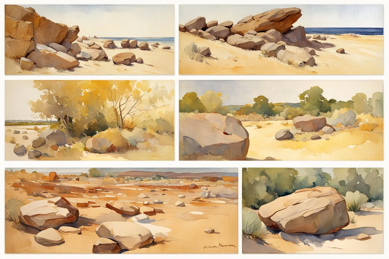 Sunny day, rocks, arid land, winslow homer watercolor paintings