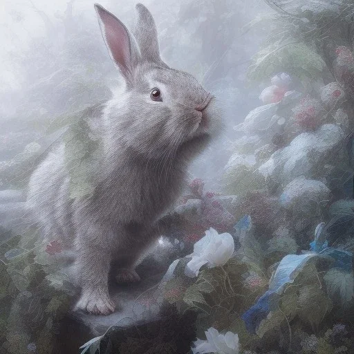 fantasy magic, sharp focus, illustration, highly detailed, digital painting, concept art, art germ and Paul Lewin and Kehinde Wiley, masterpiece silver slolo rabbit, dark blue aye