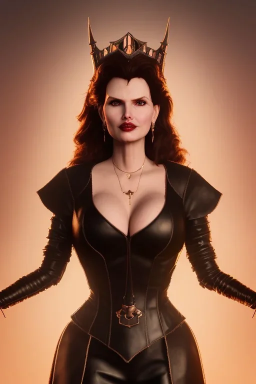 Geena Davis as evil queen in black leather, leather, busty, cleavage, angry, rage, stern look. character design by cory loftis, fenghua zhong, ryohei hase, ismail inceoglu and ruan jia. unreal engine 5, artistic lighting, highly detailed, photorealistic, fantasy