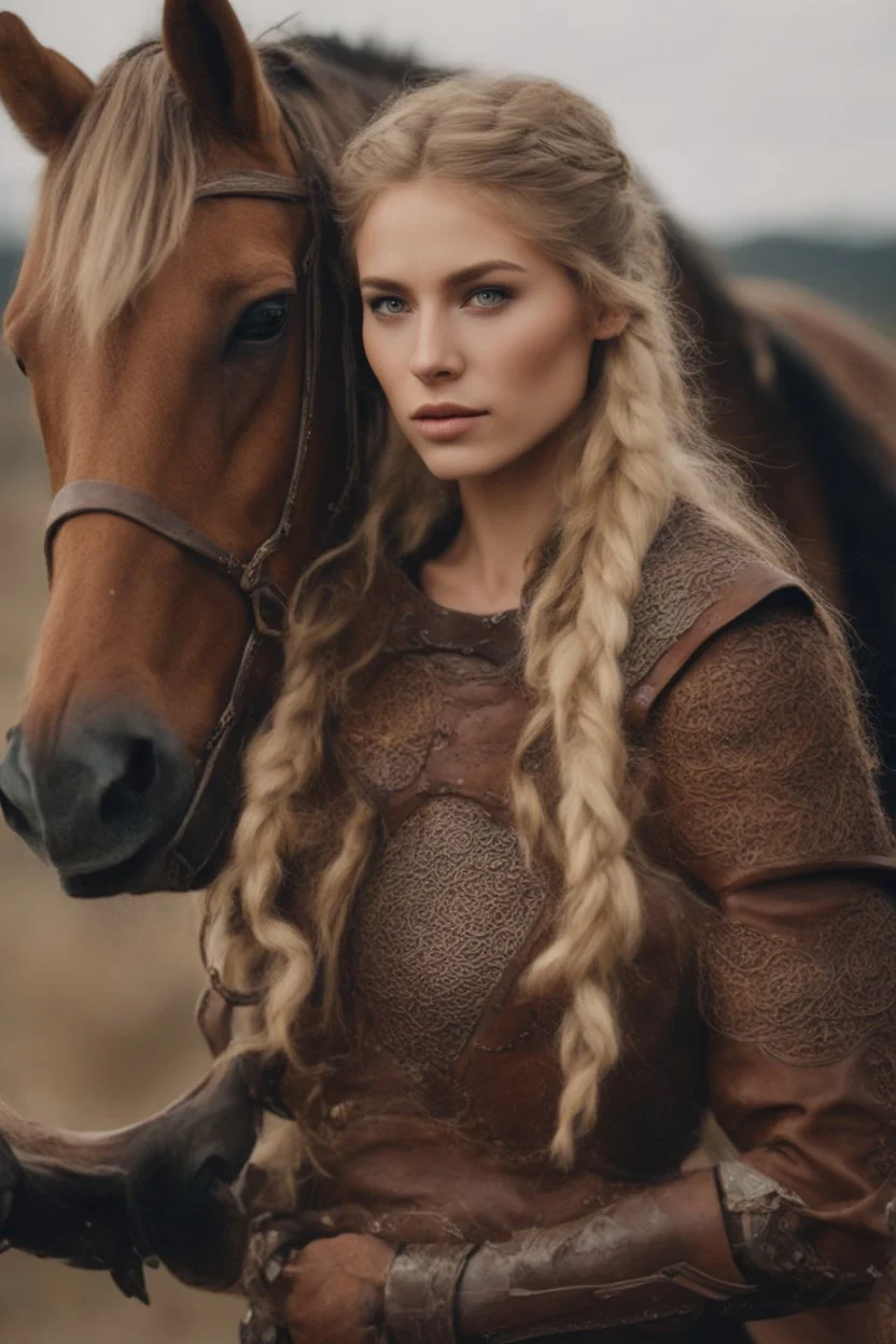 A beautiful woman with blond hair, viking braids Brown leather armor. Horse