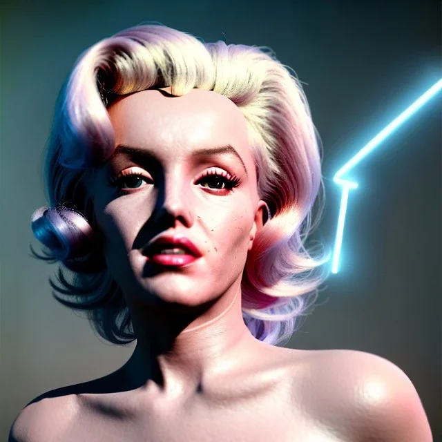 Realistic image portrait, sweet Marylin Monroe, blonde woman, cyberpunk style, long hair, glow eyes, highly detailed, unreal engine 5, ray tracing, RTX, lumen lighting, ultra detail, volumetric lighting, 3d, finely drawn, high definition, high resolution.