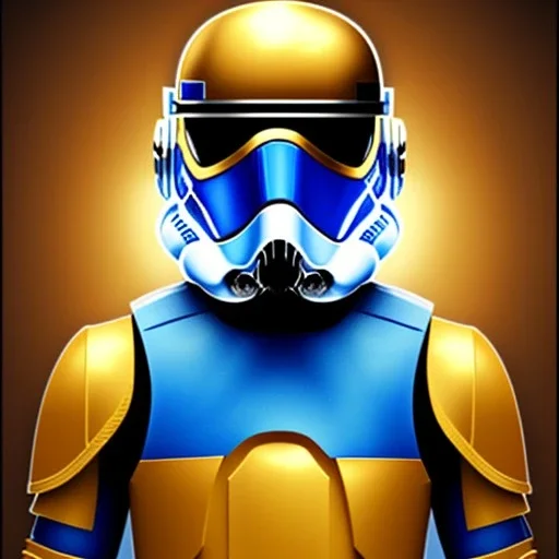 trés beau capitaine galactique, star wars style, avec costumes bleu et or , arrière fond bleu galactique étoilés, casque