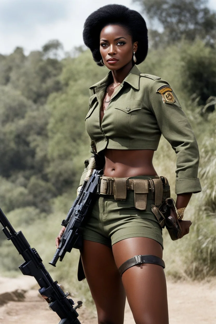 Blaxploitation: feminine Shay as a tough WW2 commando, dread gigantic rifle