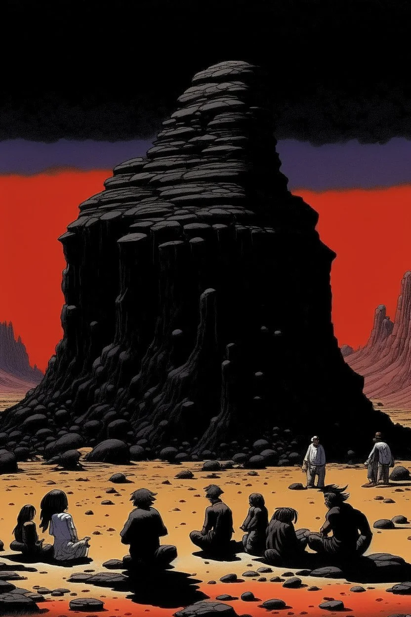 giant black rock with pepe on the top smoking in the desert with small people around n the style of Hiroshi Nagai