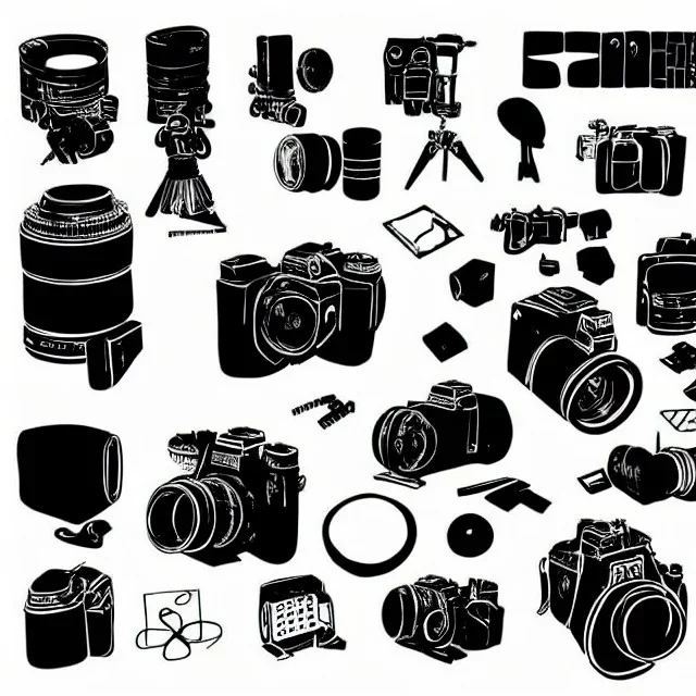 elements of photographic equipment. poster graphics. high detailed. ink and acrylic.