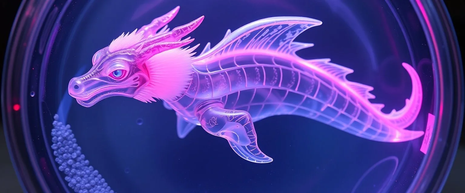 The image depicts a fantastical dolphin snow soup, specifically a transparent dragon with neon flash aura, with a unique and whimsical appearance. The dragon is positioned in a circular frame, which suggests it might be inside a container or a vessel. The dragon's body is elongated and has a segmented appearance, with a detailed texture that gives it a realistic look. Its head is covered with white, spiky hair, adding to its fantastical charm. From the weird dragon lab.