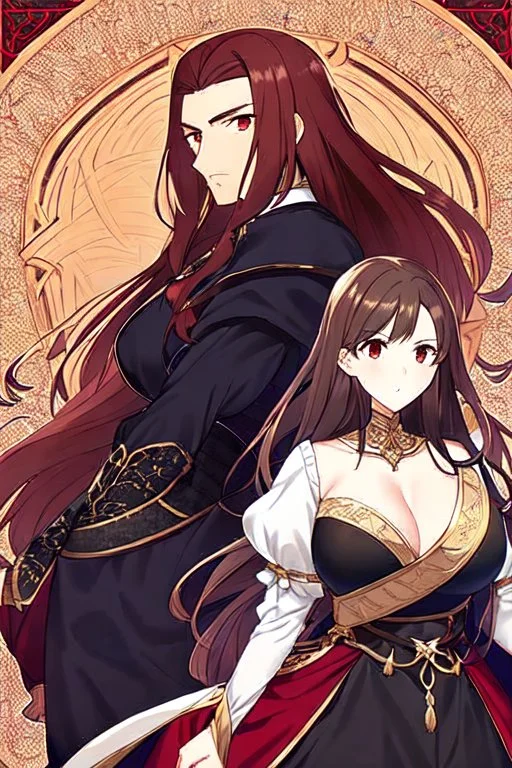 woman with long brown hair and red eyes, medieval concubine, anime style, highly detailed, intricate background, red and black clothes, confident, arrogant