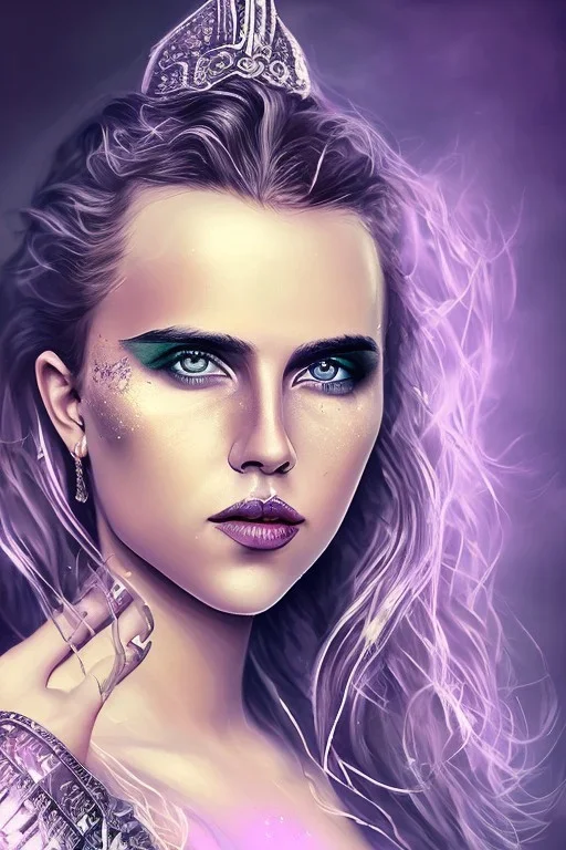 Danish singer MØ face, viking, high light ,purple tones,