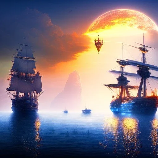 Fantasy city, cove, dock, night, ships, large