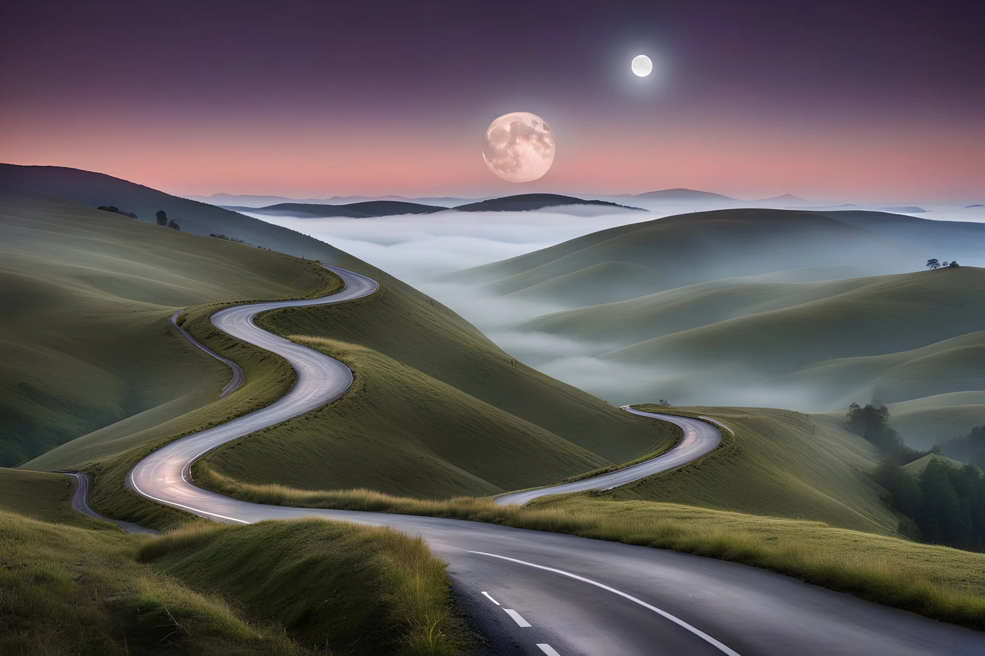 moon emerges from the fog, the road twists and turns in the hills , detailed, crepy stunning landscape