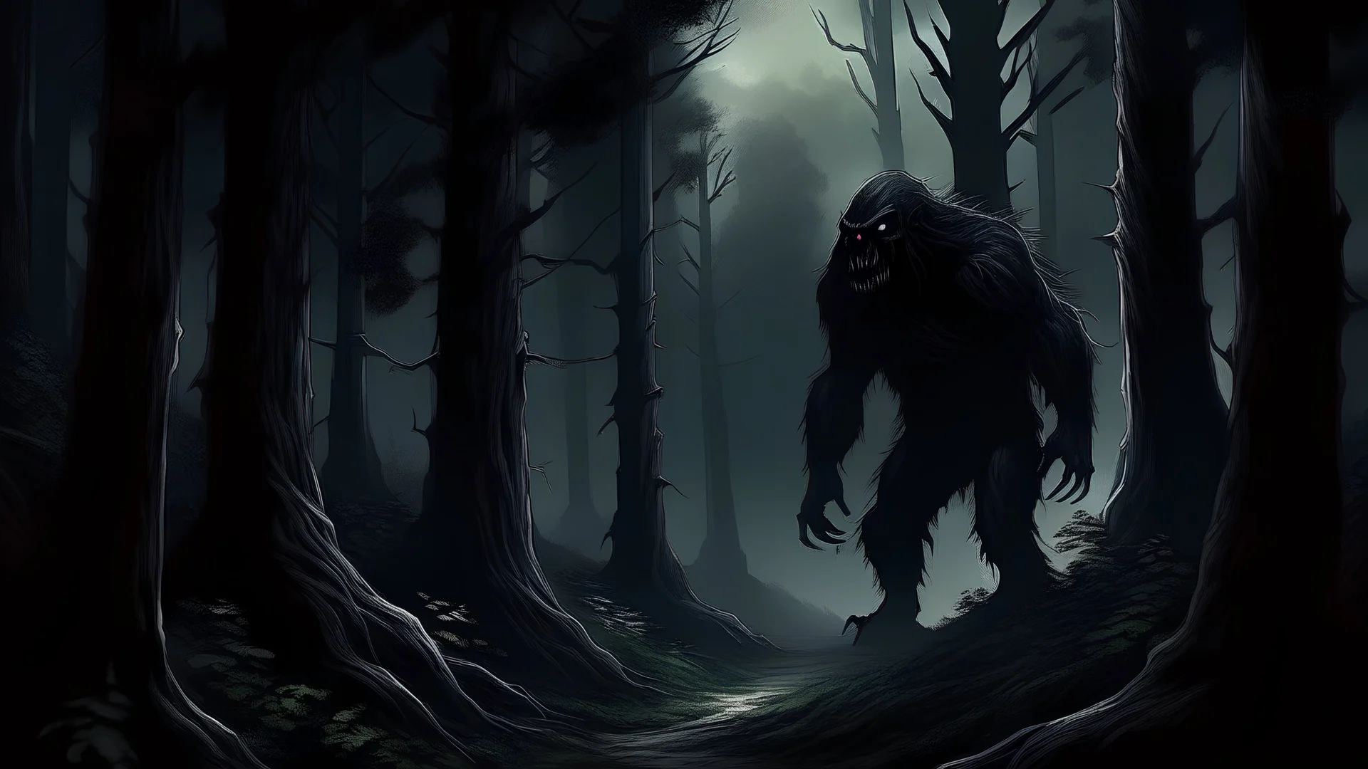 Dark Woods, Dark Forest, horror, Realistic Art, Giant monster's Shadows from Far distance