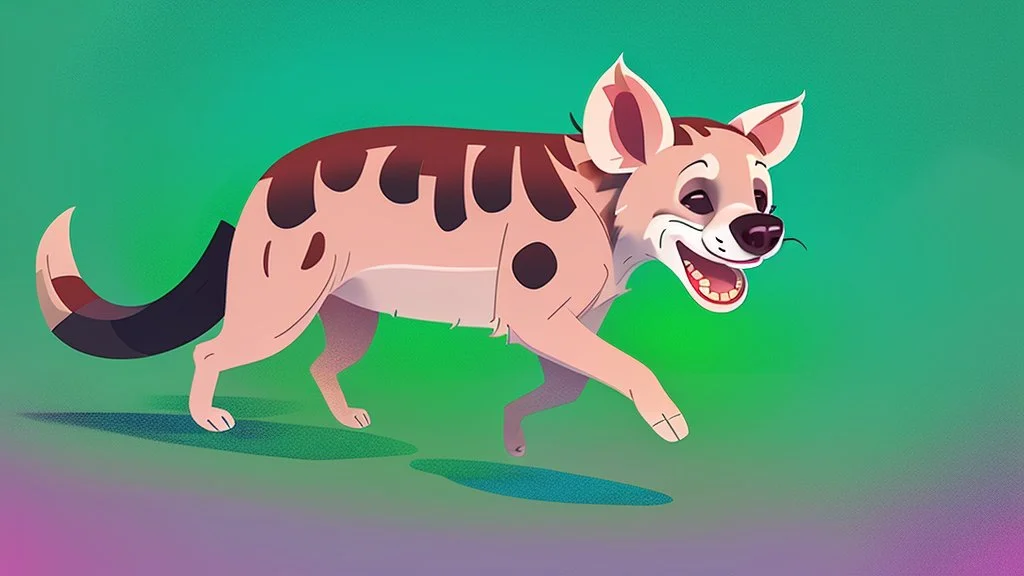 Cute chibi hyena dog chasing its own tail, cartoony, colorful, exaggerated, simplified, adorable