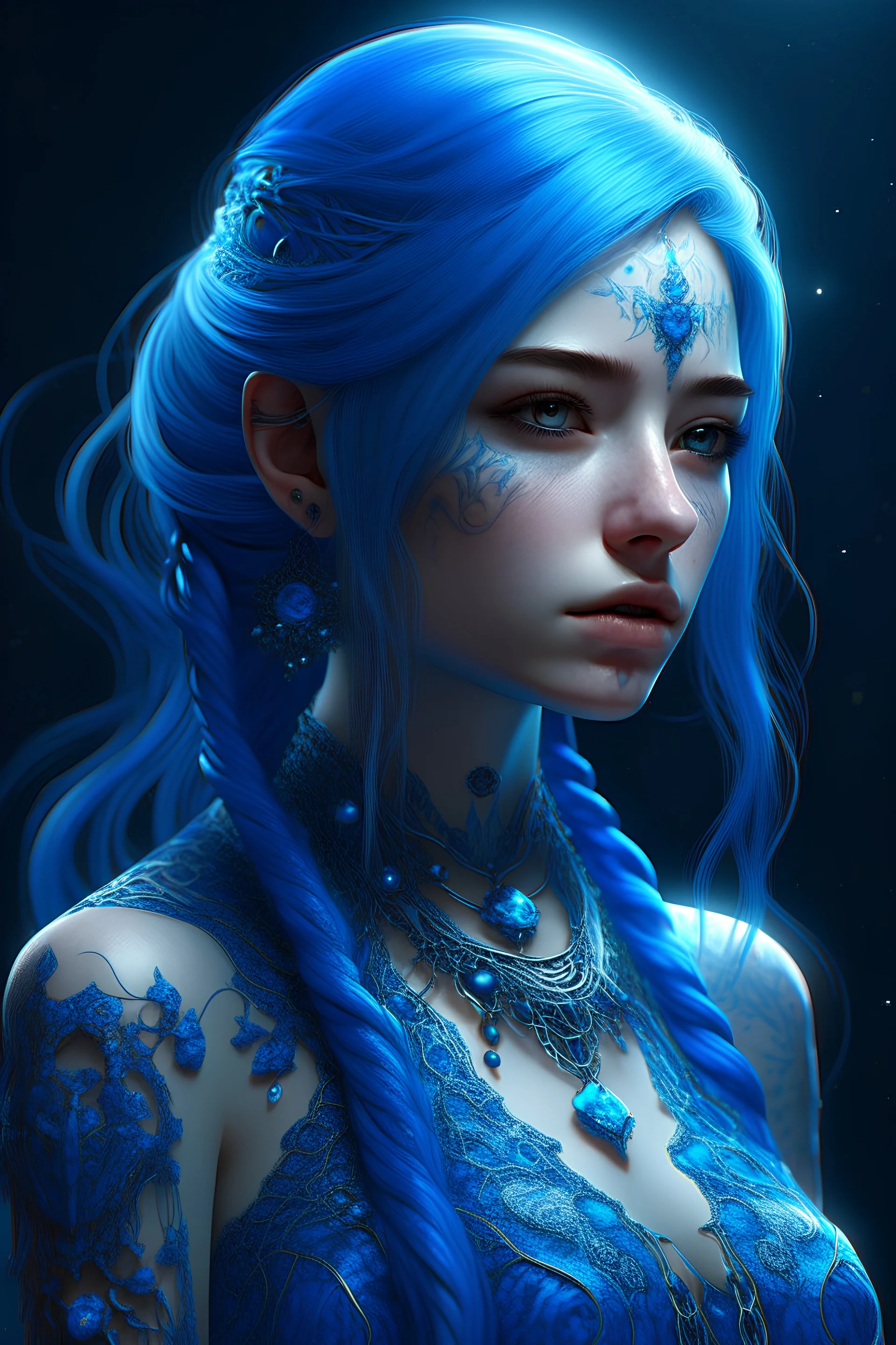 A Young beautiful girl decorated in blue lace and blue crystals, white and blue hair, octane render Artstation perfect composition, intricate details, hyper details, masterpiece, perfect composition, perfect anatomy, perfect lighting, (((single subject ))), sf, intricate artwork masterpiece, ominous, matte painting movie poster, golden ratio, trending on cgsociety, intricate, epic, trending on artstation, by artgerm, h. r. giger and beksinski, highly det
