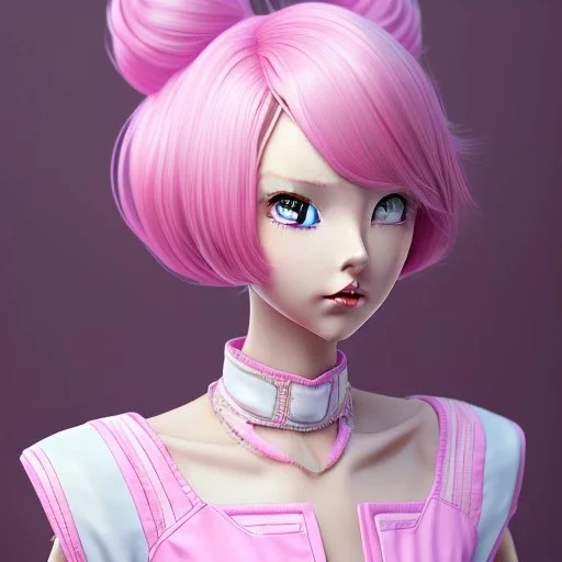 Personagem de anime de cabelo rosa,dona de casa usando um vestido rosa e lilás,altissimo detalhe,altissima resolução,pintado por Hirohiko araki