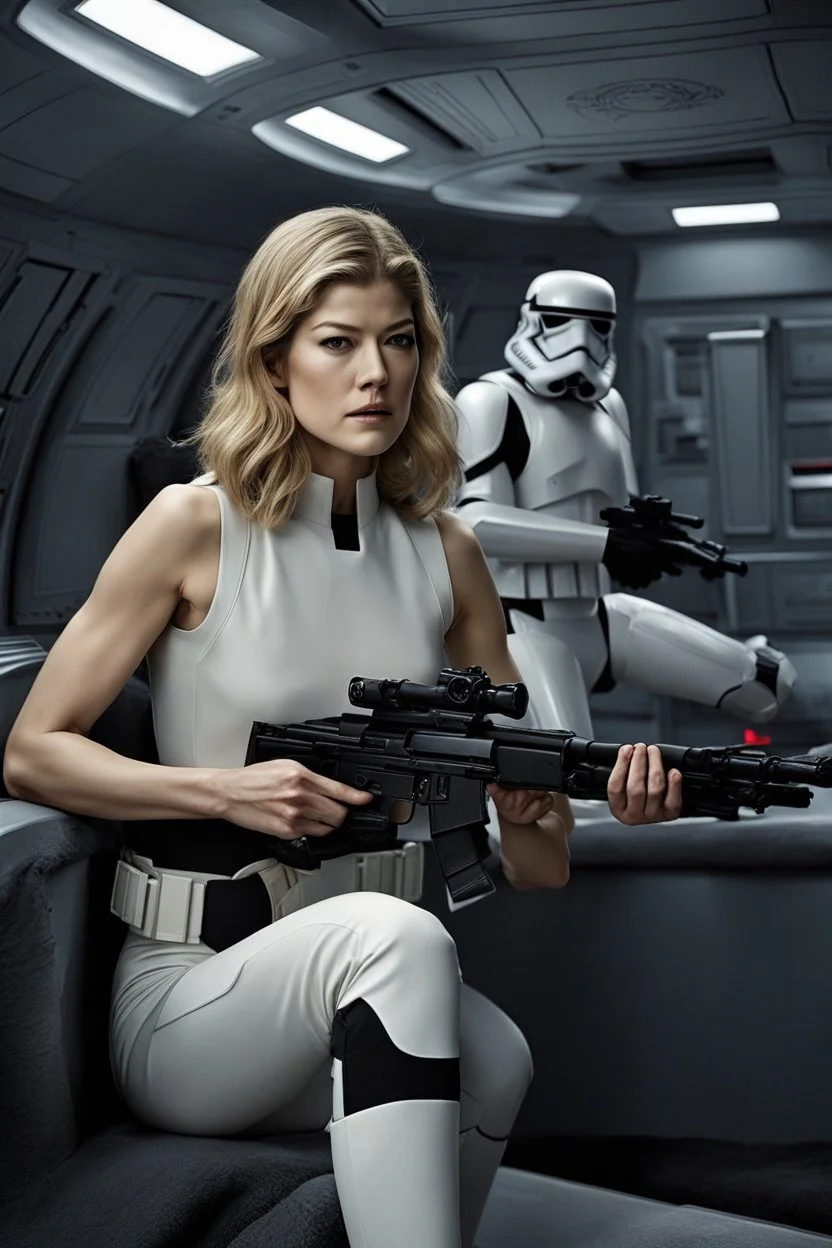 [Rosamund Pike in Versace] Captain Rosamund Pike emerged from the escape pod with a steely determination befitting her role as a lost elite Imperial stormtrooper. Though she is in rags, she remained a proud member of the Empire's military forces. The harsh environment of this unknown planetary would not break her spirit or training. Taking stock of her situation, Captain Pike inventoried what supplies had survived the rough landing intact.