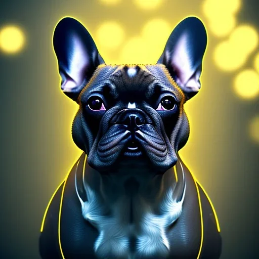 french bulldog from the future a detailed illustration of a french bulldog, phoenix bird wallpaper, luminescent body, full body, symmetrical body, realistic, glowing muscles, sharp focus, meticulously detailed, soft evening sky, 64k