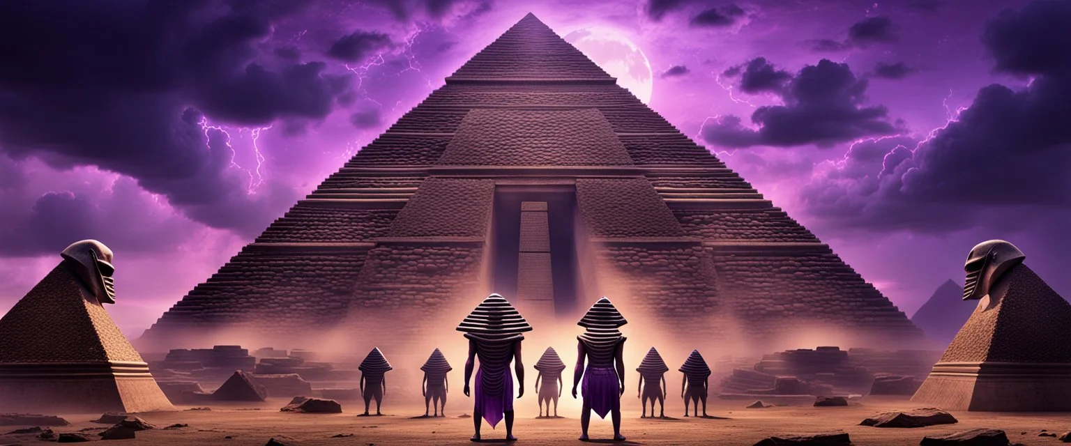 Hyper Realistic 5 Alien-Pharaohs guarding a prehistoric-pyramid with their galactic-weapons in-perfect-symmetrical-order & ancient ruins behind them with purple-cloudy-sky at dark-heavy-rainy-night giving dramatic & cinematic ambiance