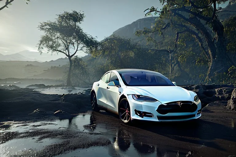 A Tesla 'Model S' is parked, on the 'Jurassic Park' island. (CINEMATIC, WIDE ANGLE LENS, PHOTO REAL)