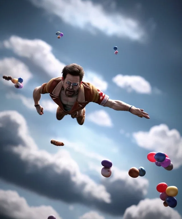 Ultra realistic speed clouds sky scene, wide angle view, strong men falling down with many Childs background, circus clothing style, feather color clothing, free jumping flying, many trinkets, hair monster, many jelly beans, balls, color smoke, smile, happy, extreme, wind, clouds sea, 20,000 feet altitude, stratosphere, soft color, highly detailed, unreal engine 5, ray tracing, RTX, lumen lighting, ultra detail, volumetric lighting, 3d, finely drawn, high definition, high resolution.