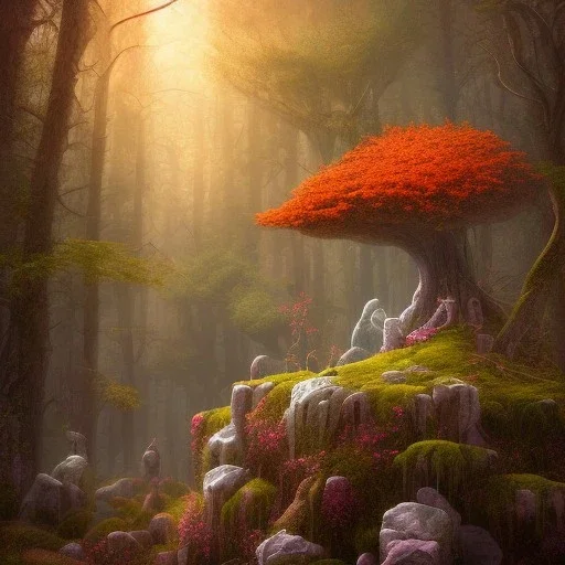  pastel colors, future art , red, orange, white,brown,son, earth, wod, trees, flowers, stone princess forest wod