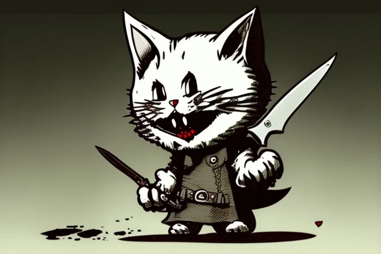 Cat diabolical smiling with a bloody knife with blood. Comic style