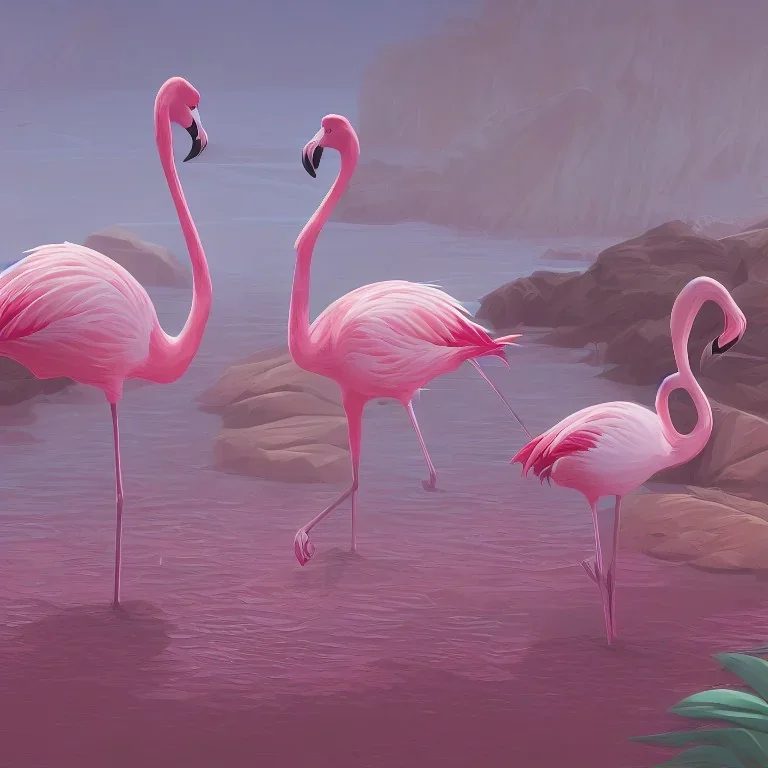 flamingos on floral beach