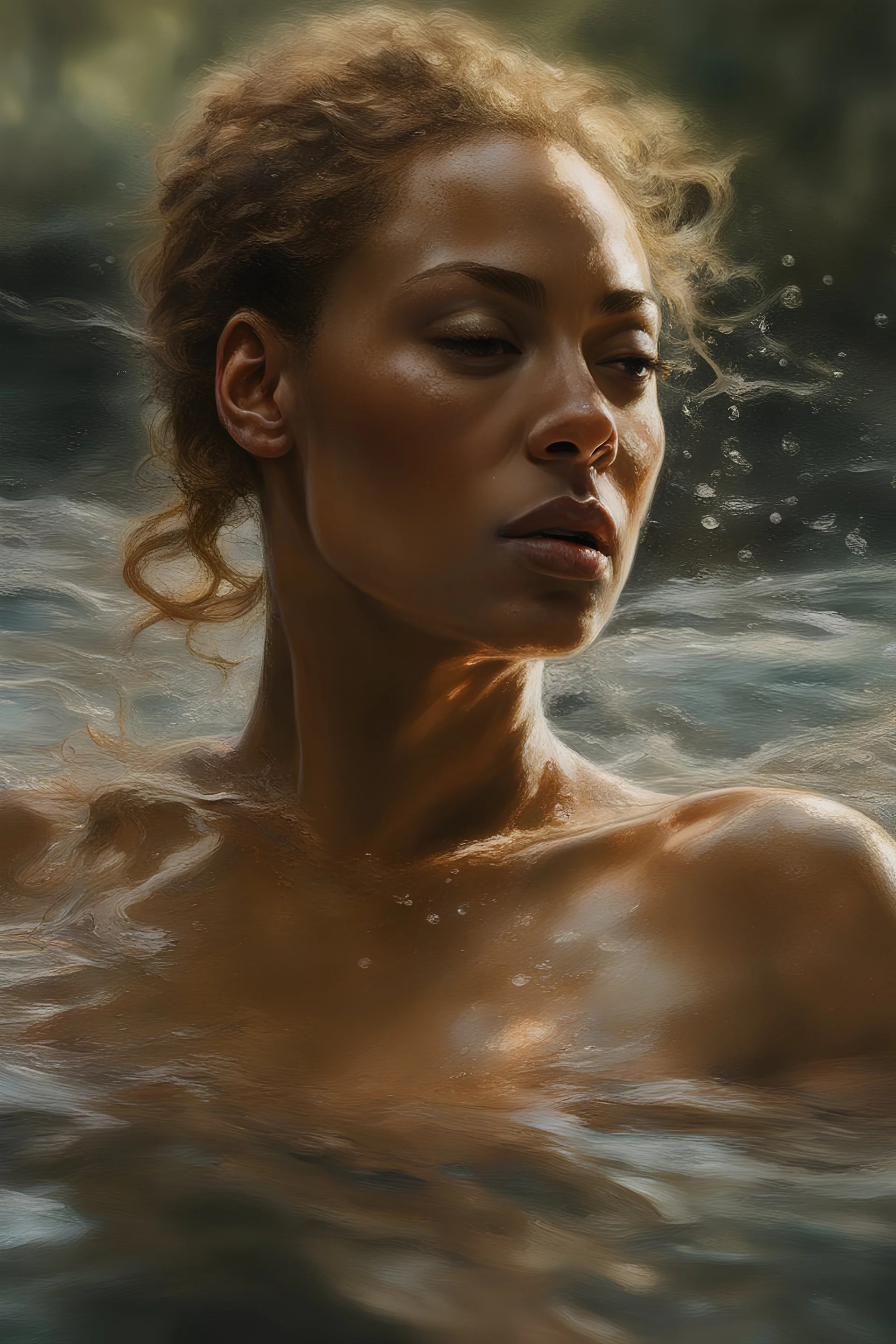 beyoncé Close-up, photorealistic portrait blends figure seamlessly with natural environment, perfect anatomy under chiaroscuro lighting, Alyssa Monks' style, water, steam, and glass augmenting the figures, characters emerge as elements of wilderness, painters figures of loss, love, desire, hope, lush painterly surfaces, captivating colors and brushstrokes, HDR, RAW, photography by Jam Saudek, enig