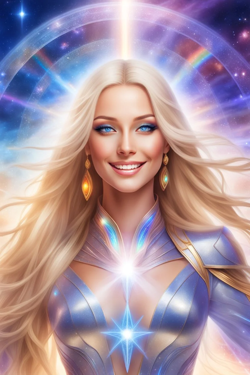 cosmic woman smile,beautiful ufos rainbow, admiral from the future, galactic confédération, fine whole face, crystalline skin, expressive blue eyes,rainbow, smiling lips, very nice smile, costume pleiadian, Beautiful tall woman pleiadian Galactic commander, ship, perfect datailed golden galactic suit, high rank, long blond hair, hand whit five perfect detailed finger, amazing big blue eyes, smilling mouth, high drfinition lips, cosmic happiness, bright colors, blue, pink, gold, jewels, realist,