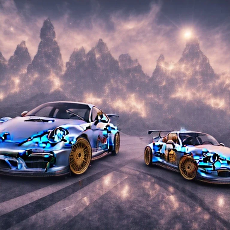 God like, extremely detailed Porsche style car (Centered on image), moving on a silk road through the galaxy, symetrical, HD, 4k, 8k, Photo realistic