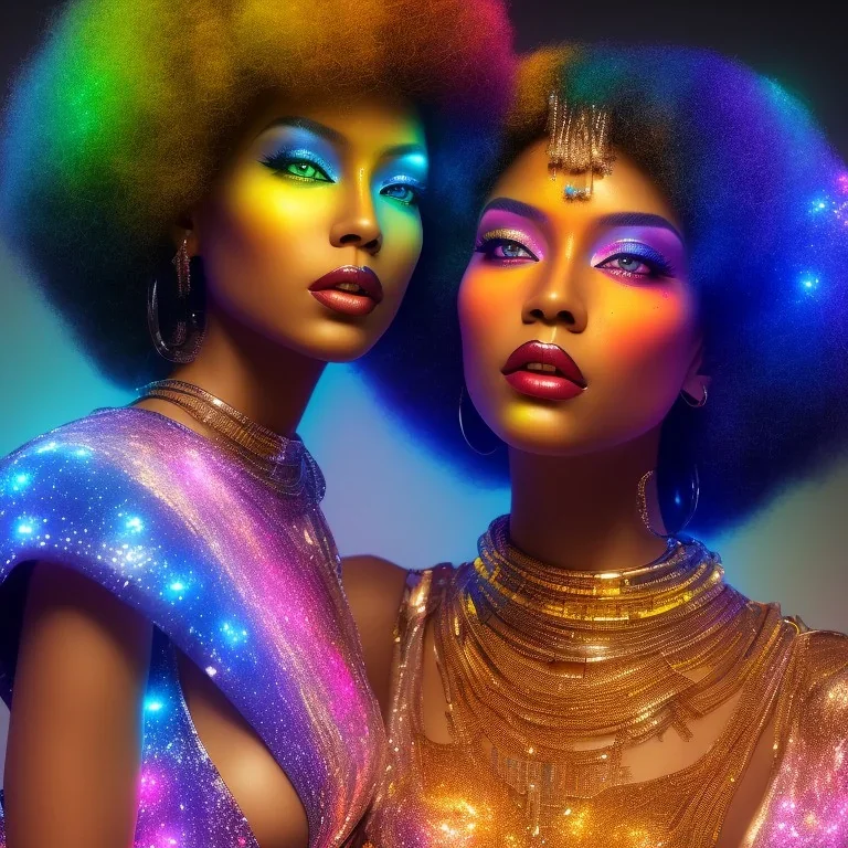 full body shot, masterpiece, best quality, family of three, black skinned, sparkling eyes, fluorescent skin, colorful makeup, disco, highly detailed body, afrofuturism, scifi, sun light, 4K, RAW, depth of field, high contrast, realistic details, 24mm