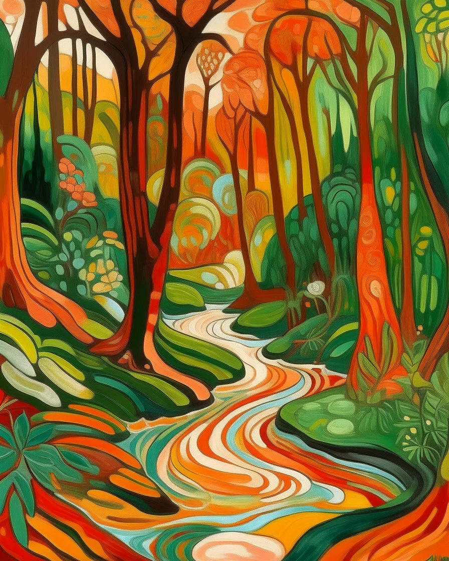 A salmon orange colored rainforest with a creek designed in Mexican folk art painted by Edvard Munch