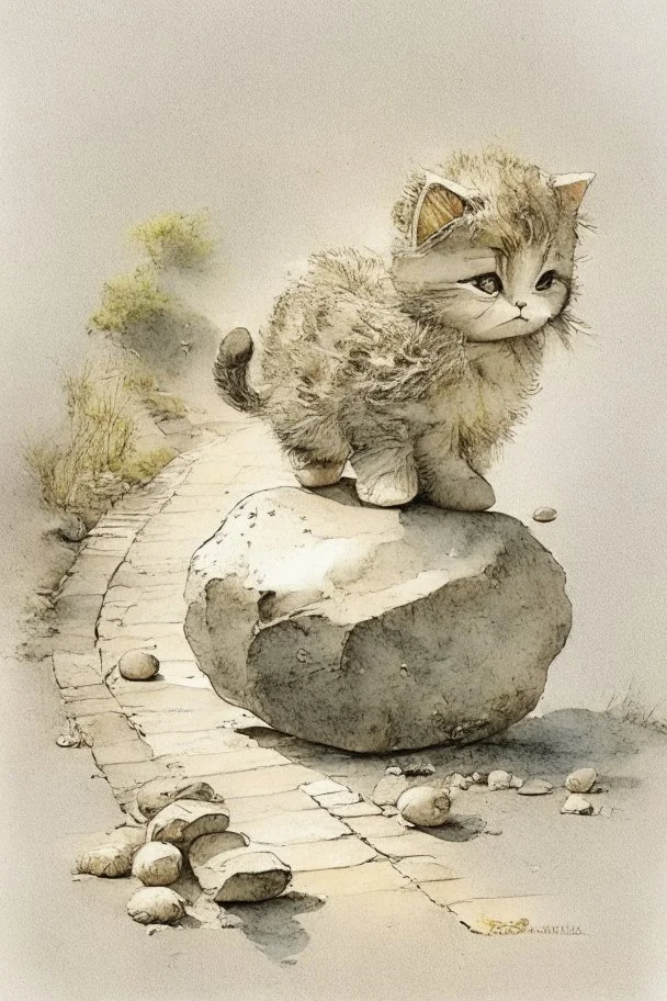 very cute sweet-faced kitten carrying a huge stone on her back on a paved road by Jean-Baptiste Monge golden watercolour and black ink highly detailed elegant intricate very attractive beautiful award winning fantastic view crisp quality in sunshine