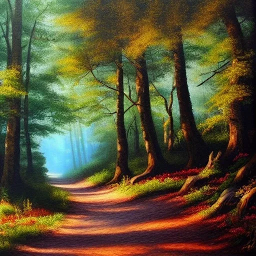 Deep forest painting, dappled sunlight, forest path