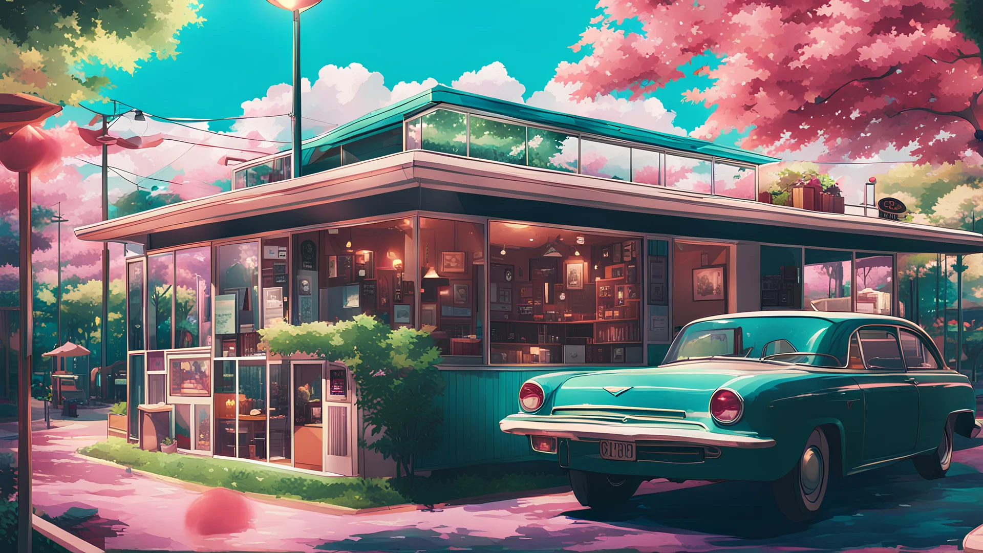 Collage-style composition featuring snapshots of different settings like bedrooms, cafes, and parks, each symbolizing a unique episode in the lo-fi experience. highly detailed eyes and lips, HDR, 8K, ultra d tailed, High quality, lo-fi style, anime and tone