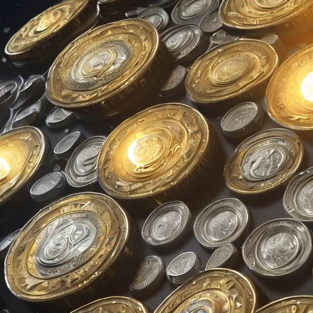 dynamic lighting, Intricately detailed, Splash screen art, deep color, Unreal Engine, volumetric lighting, silver coins, gold coins, silver bars, stacked coins, indoors, candle, altar, black table, sigil, shiny, metallic, bullion,