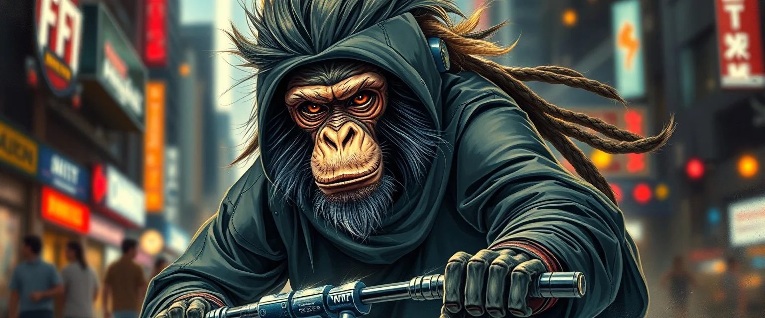 Rembrandt wall poster of ninja transparent biker monkey weasel rasta man with cute fur, in big cyberpunk city crossover, volume light and motion blur, airbrush and pen outline