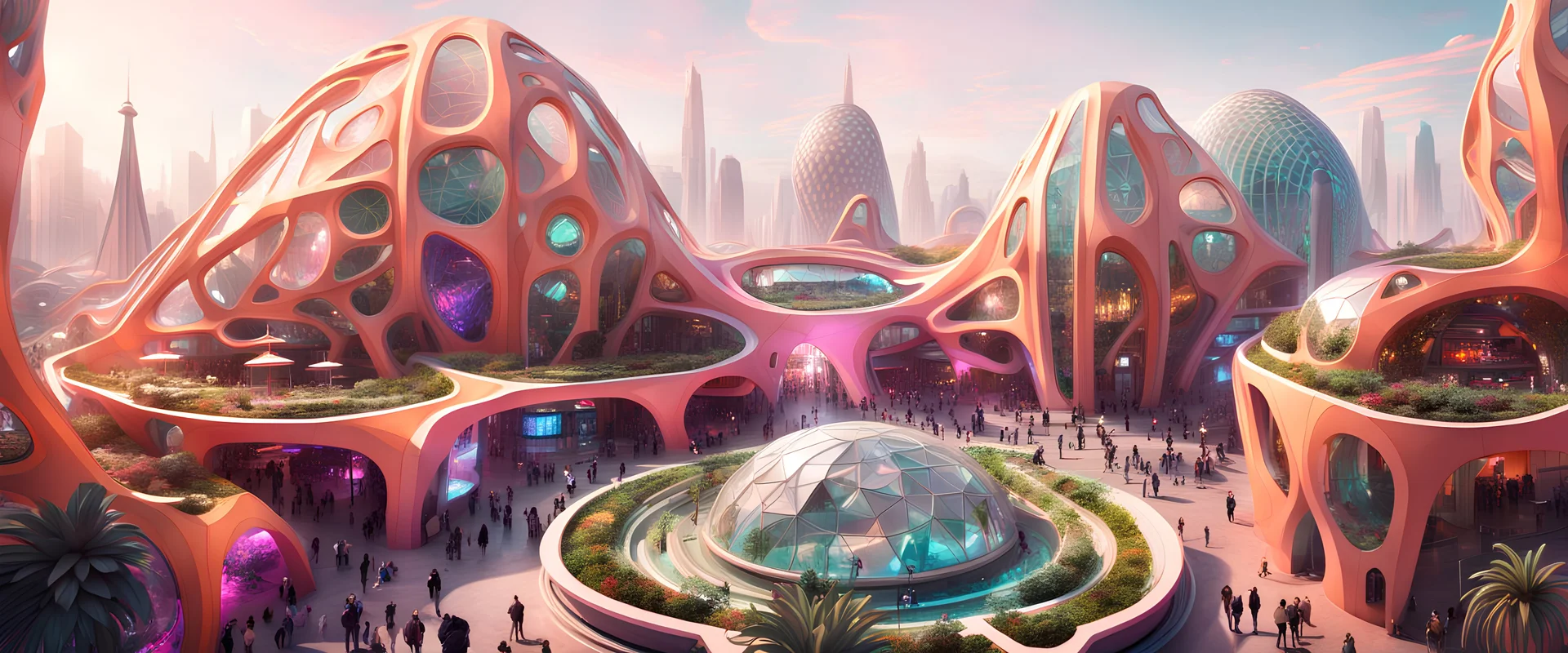 Futuristic sci-fi buildings, neon lights, carnival like event, lots of plants, voronoi patterns, architectural dome like building at the centre with a lot of busy people walking around it, hanging garden
