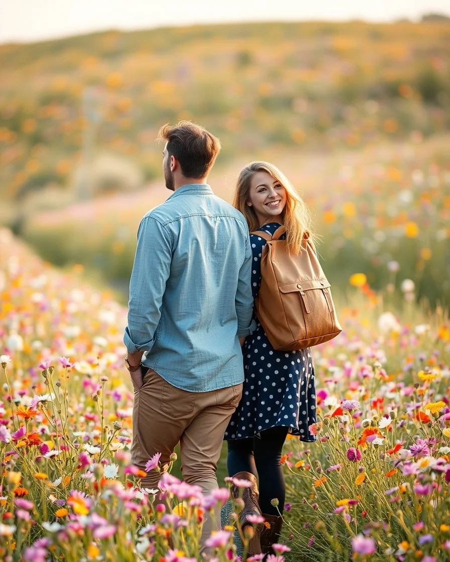 young sweet couple bagbacker happy walking and smiling in Realistic photography of a field of wildflowers, soft natural lighting, vibrant colors, intricate details,peaceful and serene atmosphere.