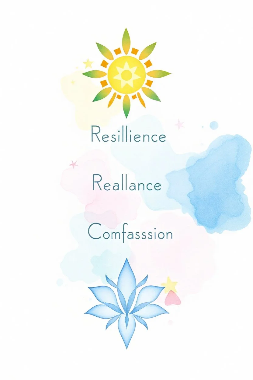 Self-Awareness, Resilience, Balance, Purpose, Compassion represented as symbols pastel water colors