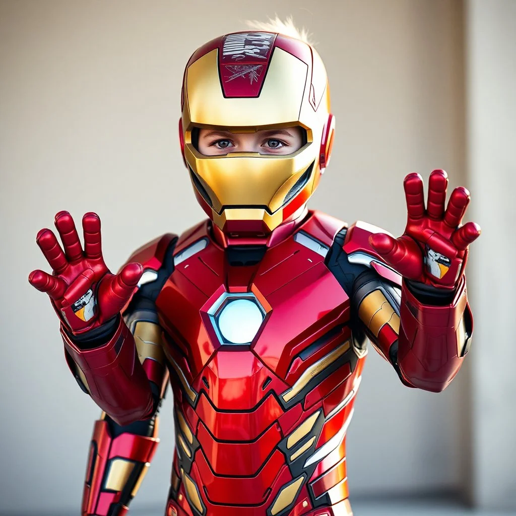 5 years old boy in ironman suit full body shot