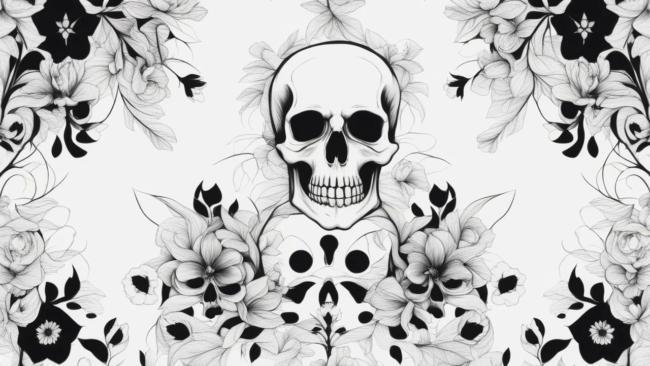 tracery of flowers and skulls, black and white, minimalistic