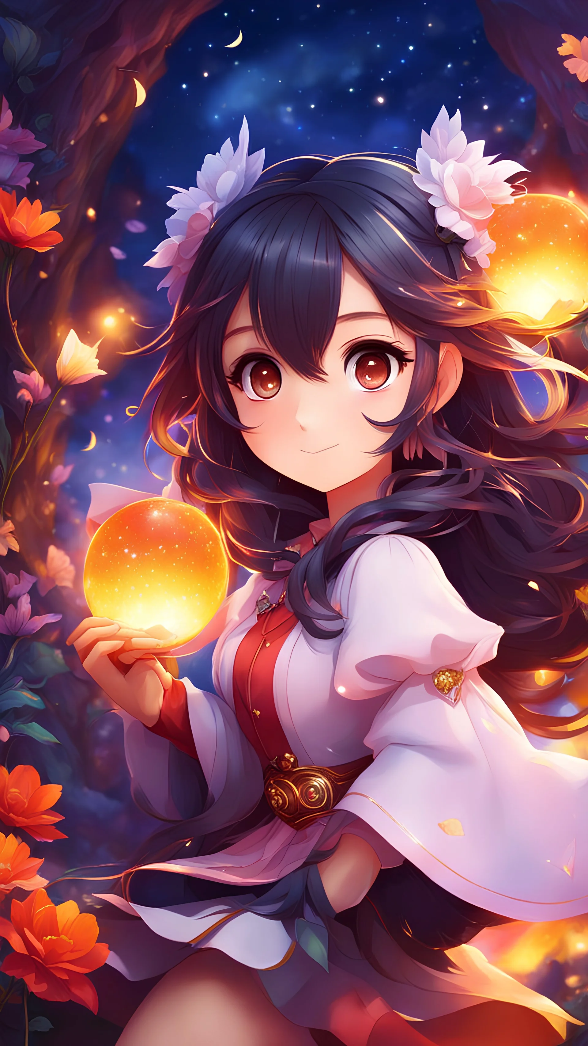 "Craft a stunning and enchanting illustration that transports the audience into a magical world with an adorable and beautiful anime girl, characterized by volcanic hair, big glowing eyes, and vibrant, vivid colors, inviting them to embrace their imagination and embark on a journey through fantasy and dreams."