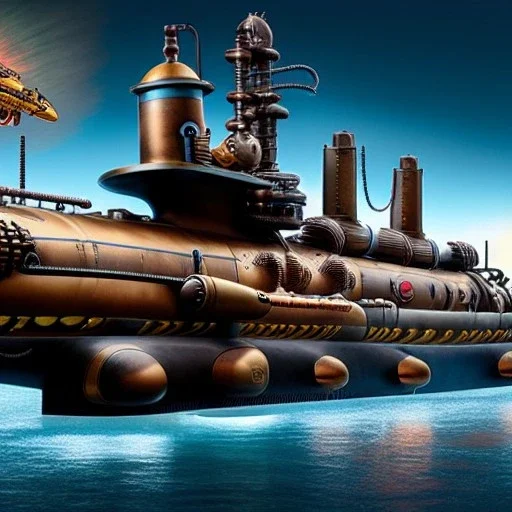 fullbody Drawing of 'sketch of Steampunk Submarine City',intricate detail,andrea bonelli,Kilian Eng,Ohrai,evan lee,Aleksandr Sidelnikov,KyuYong Eom,three quarters frontal aerial view,toned colors,16k