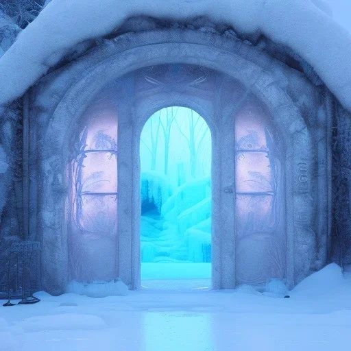 ethereal winter flowers, carved ice door at the end of ice steps, magical atmosphere, Beardsley, Unreal render, cinematic blue --aspect 9:16 --s 2500