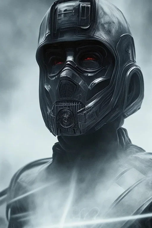 All Black Hayden Christensen soldier, ghost, wearing high tech mask, white smoke, dark, rage, sorrow, high definition, ultra 8 k, volumetric lighting, blue fire, fog