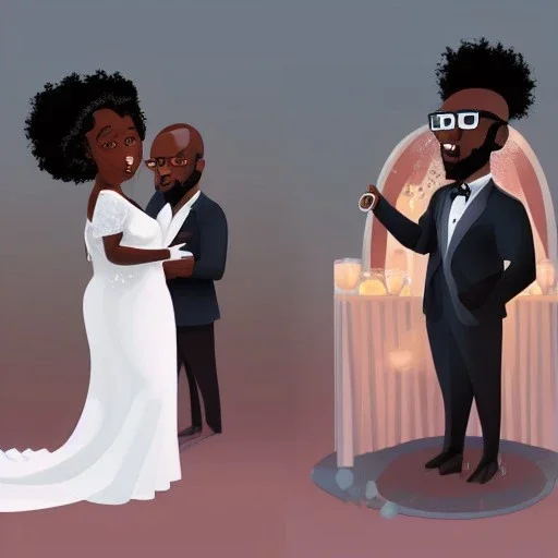 30 years old handsome black man wearing a suit and 28 years old curvy lady with afro hairstyle wearing a wedding gown at the altar, digital painting, digital illustration, extreme detail, digital art, 4k, ultra hd